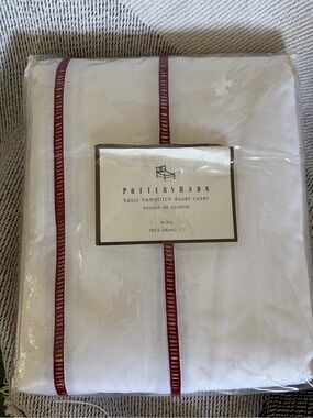 Pottery Barn White Hemstitch Duvet Cover with Red Trim King Brand New